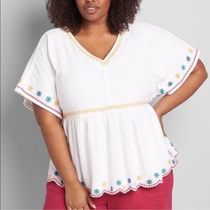 Lane Bryant Top Size 24 White Embroidery Peplum Flutter Sleeves